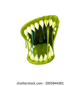 Monster mouth vector icon, creepy zombie or alien jaws with sharp teeth, green tongue, lips and dripping gooey saliva or goo. Halloween creature roaring mouth isolated on white background