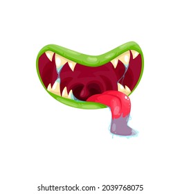 Monster mouth vector icon, creepy jaws with slobbering long tongue and sharp yellow teeth. Halloween creature, alien or devil roar maw with green lips isolated on white background