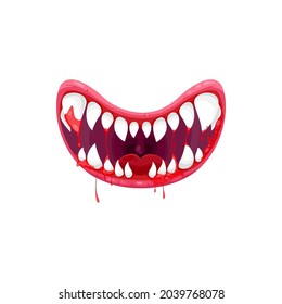 Monster mouth vector icon, creepy smiling jaws with sharp white teeth and bloody dripping saliva. Cartoon smile Halloween creature isolated on white background