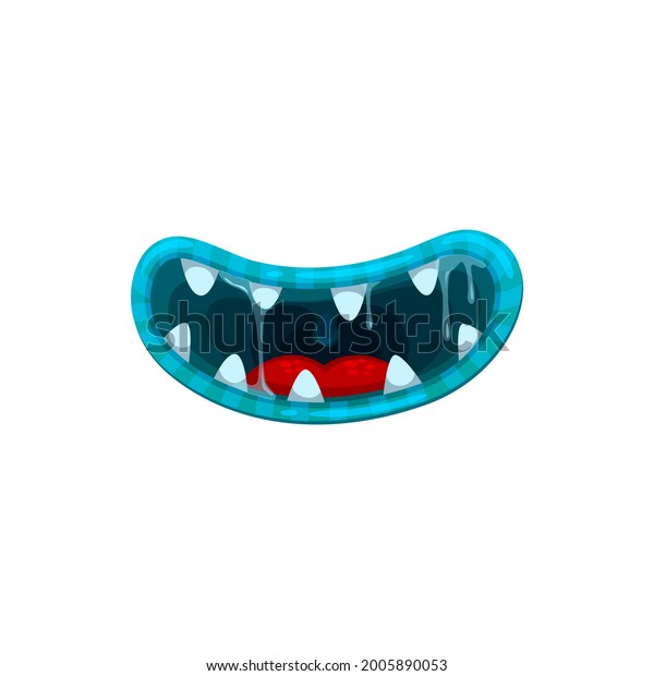 Monster mouth, vector\
smile jaws with sharp teeth and nasty blue lips with dripping gooey\
saliva. Halloween creature disgusting smiling alien mouth isolated\
on white background