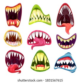 Monster mouths cartoon set of vector Halloween horror holiday. Scary teeth and tongues in mouth of creepy alien beast, devil or zombie, spooky smiles of dracula vampire, werewolf or demon