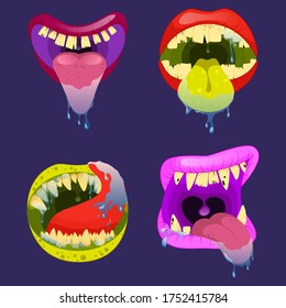 Monster mouths. Halloween scary monster teeth and tongue in mouth closeup. Monster horrific lips
