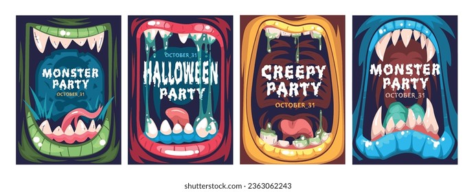 Monster mouths posters. Crazy monsters open mouth typography flyer frame for halloween night party banner, scary creature animal teeth and tongue, horror classy vector illustration of halloween banner