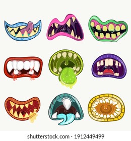 Monster mouths set. Cartoon halloween teeth and tongue of creatures. Funny facial expression, open mouth with tongue and drool.