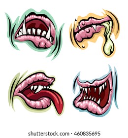 Monster mouths vector set. Monster lips, tongue and open mouths with teeth.