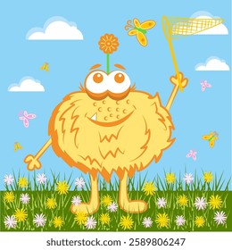 Monster with a net in the meadow.