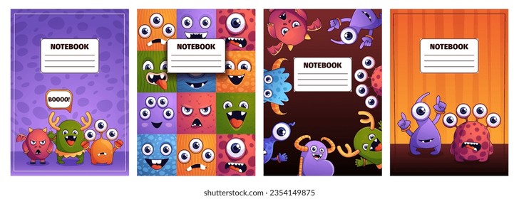 Monster notebook cover. Cartoon fantasy characters sketchbook, blank cartoon diary with funny characters and cute eyes. Vector illustration of animal character notebook