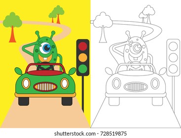 monster obeys the signs of traffic signs vector cartoon for coloring book or page