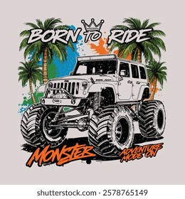 Monster Off Road jeep big power, vector design illustration. T Shirt Design Off Road Expedition With Off Road Car In The Middle Of Mountain Vintage Illustration