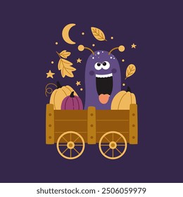 Monster on a Cart Print. Print on Kids Clothes and Other Ideas. Vector illustration