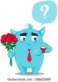 Monster on a date with a bouquet. Vector illustration