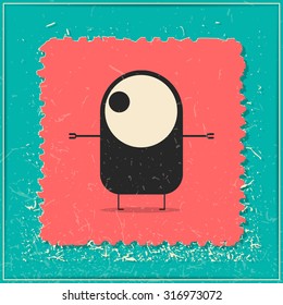Monster on grunge postage stamp. Cartoon illustration, vector.