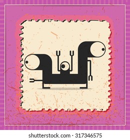 Monster on grunge postage stamp. Cartoon illustration, vector.