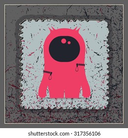 Monster on grunge postage stamp. Cartoon illustration, vector.