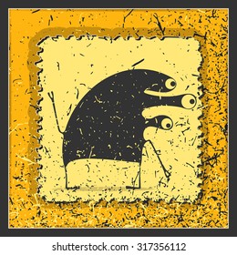 Monster on grunge postage stamp. Cartoon illustration, vector.
