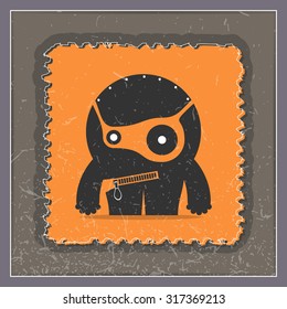 Monster on grunge postage stamp. Cartoon illustration, vector.