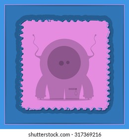 Monster on grunge postage stamp. Cartoon illustration, vector.