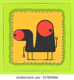 Monster on grunge postage stamp. Cartoon illustration, vector.