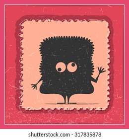 Monster on grunge postage stamp. Cartoon illustration, vector.