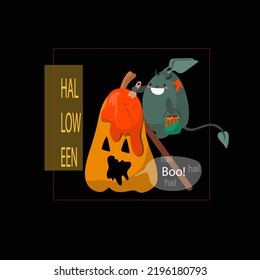 Das Monster auf der Leiter malt den bösen Kürbis mit orangefarbener Farbe. Zu Halloween Feiertag, Postkarten, Karten, Banner, Aufkleber, Plakate, Drucke auf Kleidung, Dekoration von Cafés, Geschäfte.
