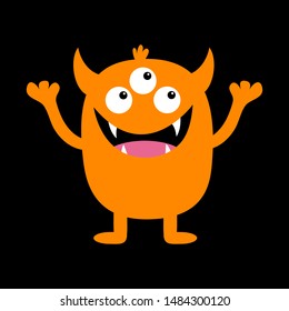 Monster orange silhouette. Cute cartoon kawaii scary funny character. Baby collection. Three eyes, fang tooth tongue, hands up. Black background. Isolated. Happy Halloween. Flat design. Vector
