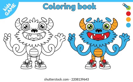 Monster outline and colorful monster. Coloring book. Vector illustration of cartoon mutant in childish style.