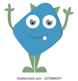 A monster with an oval-shaped body blue in color has raised his hands while standing It has rolling eyes looking down and a tooth projecting out vector color drawing or illustration 