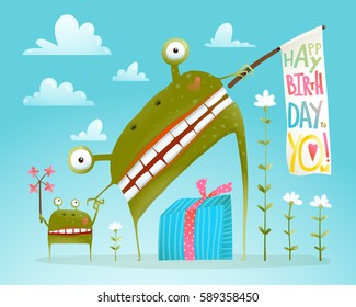 Monster Parent and Child Happy Birthday Greeting Card on Blue. Cheerful colorful smiling green frog with kid and birthday gifts. Holiday bright items design. Vector Vector illustration.