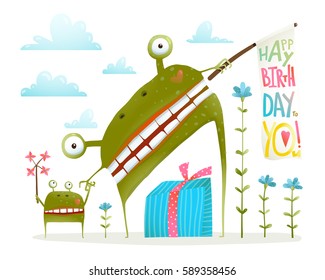 Monster Parent and Child Happy Birthday Greeting Card. Cheerful colorful smiling green frog with kid and birthday gifts. Holiday bright items and flowers design. Vector illustration.