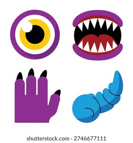 Monster parts vector set with eye, fanged mouth, claw hand, tail, Halloween craft kit, sticker pack, children activity graphic.