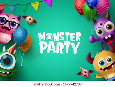 Monster party background template with vector characters. Monster party text in empty space for message and crazy monster character creatures with party elements like colorful balloons.