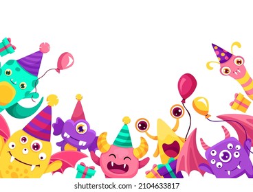 Diseño de pancartas de fiesta de monstruo. Criaturas ricas con texto y elementos de fiesta coloridos, globos, sombreros, regalos. Dibujo vectorial plano Ilustración.