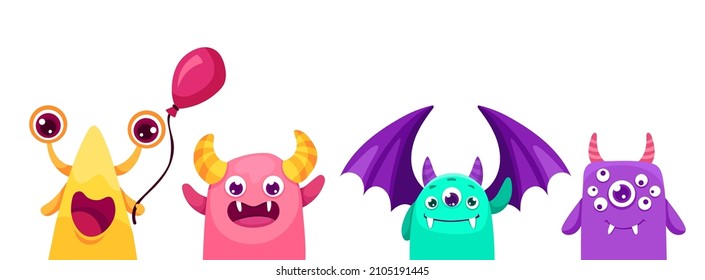 Monster party banner design. Cute creatures with text and colorful party elements, balloons, hats, gifts. Vector cartoon flat Illustration.
