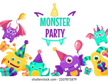 Diseño de pancartas de fiesta de monstruo. Criaturas ricas con texto y elementos de fiesta coloridos, globos, sombreros, regalos. Dibujo vectorial plano Ilustración.