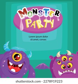 Monster Party banner design template. Cute cartoon monsters mascots. Best for invitations, greeting cards etc. Vector illustration.