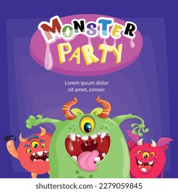 Monster Party banner design template. Cute cartoon monsters mascots. Best for invitations, greeting cards etc. Vector illustration.