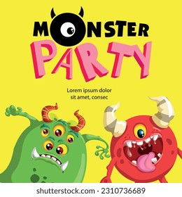 Monster Party banner design template. Cute cartoon monster mascots. Best for invitations, greeting cards etc. Vector illustration.