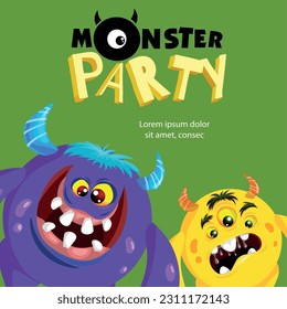 Monster Party banner design template. Cute cartoon monster mascots. Best for invitations, greeting cards etc. Vector illustration.