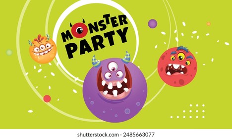 Monster Party banner design template. Cute cartoon monster balls mascots. Best for invitations, greeting cards etc. Vector illustration.