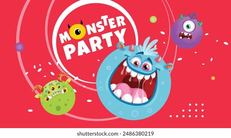 Monster Party banner design template. Cute cartoon monster balls mascots. Best for invitations, greeting cards etc. Vector illustration.