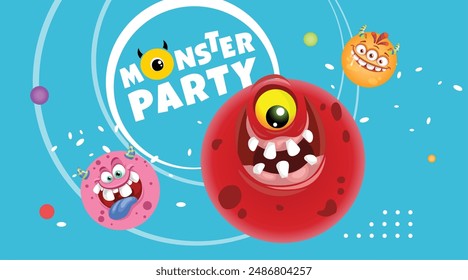 Monster Party banner design template. Cute cartoon monster balls mascots. Best for invitations, greeting cards etc. Vector illustration.