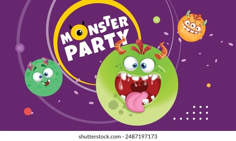 Monster Party banner design template. Cute cartoon monster balls mascots. Best for invitations, greeting cards etc. Vector illustration.