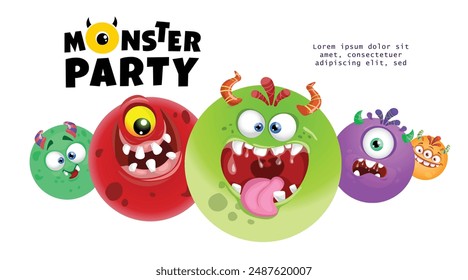 Plantilla de diseño de Anuncio Monster Party. Lindas mascotas de bolas de monstruo de dibujos animados. Ideal para invitaciones, tarjetas de felicitación, etc. Ilustración vectorial.