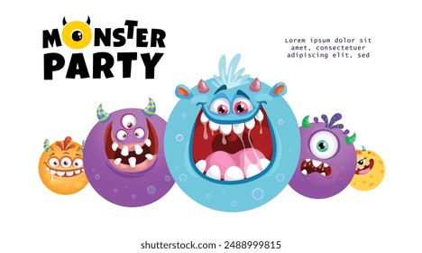 Monster Party banner design template. Cute cartoon monster balls mascots. Best for invitations, greeting cards etc. Vector illustration.