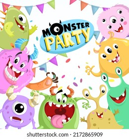 Monster Party Banner Template with Funny Monsters. Happy Birthday Greeting or Invitation Design Template for Anniversary in Cartoon Style. Vector Illustration.