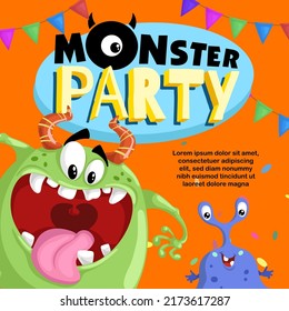 Monster Party Banner Template with Funny Monsters. Happy Birthday Greeting or Invitation Design Template for Anniversary in Cartoon Style. Vector Illustration.