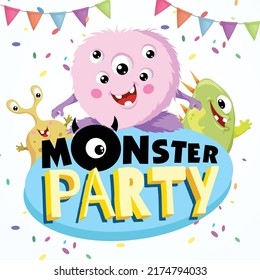 Monster Party Banner Template with Funny Monsters. Happy Birthday Greeting or Invitation Design Template for Anniversary in Cartoon Style. Vector Illustration.