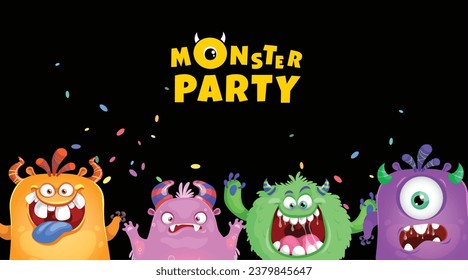 Monster Party Banner Template with Funny Monsters. Feliz Regalo de Cumpleaños o Plantilla de Diseño de Invitación para Aniversario en Estilo de Caricatura. Ilustración vectorial.