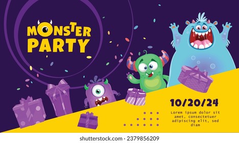 Monster Party Banner Template with Funny Monsters. Happy Birthday Greeting or Invitation Design Template for Anniversary in Cartoon Style. Vector Illustration.