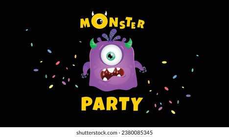 Monster Party Banner Template with Funny Monsters. Happy Birthday Greeting or Invitation Design Template for Anniversary in Cartoon Style. Vector Illustration.